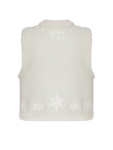 White Cropped Sheepskin Vest With Snowflake Embroidery, 2