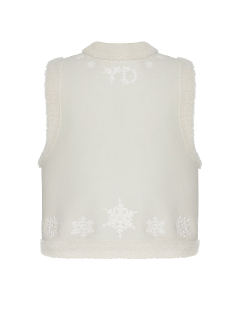 White Cropped Sheepskin Vest With Snowflake Embroidery, 2