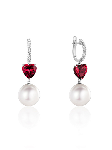 White gold earrings with Akoya pearls and heart-cut garnets, 1