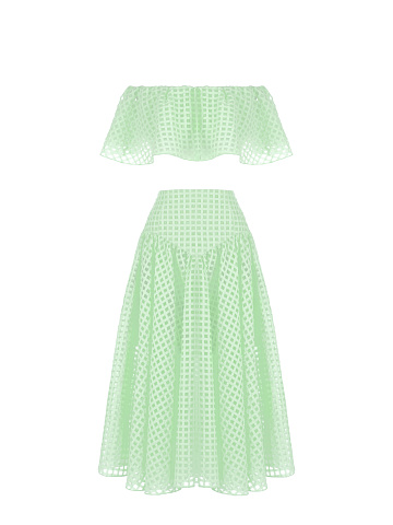 Lime Green Checked Chiffon Top & Midi Skirt, 1