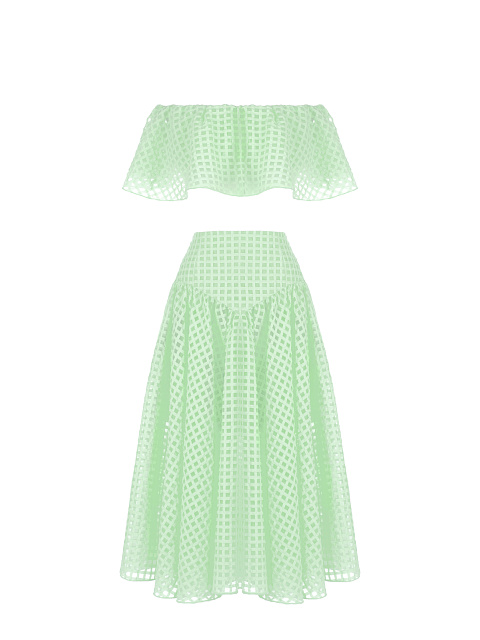 Lime Green Checked Chiffon Top & Midi Skirt, 1