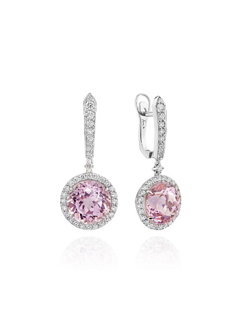 White gold earrings with round kunzites and diamonds, 1