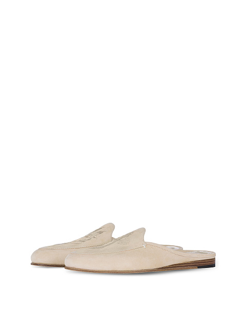 Embroidered Beige Suede Mules, 1