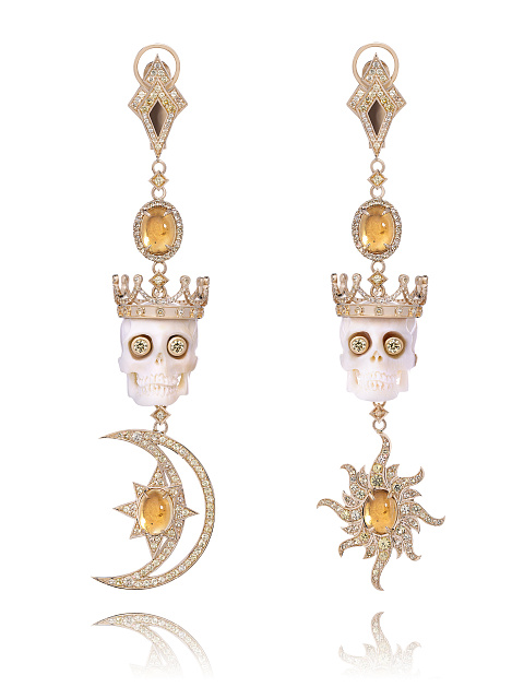 Gold Citrine & Sapphire Skull Mammoth Tusk Earrings, 1