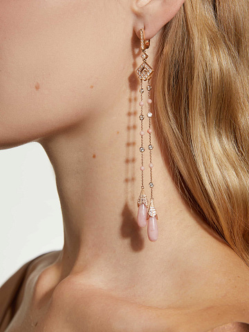 Long rose gold earrings with opal, coral and topazes, 2