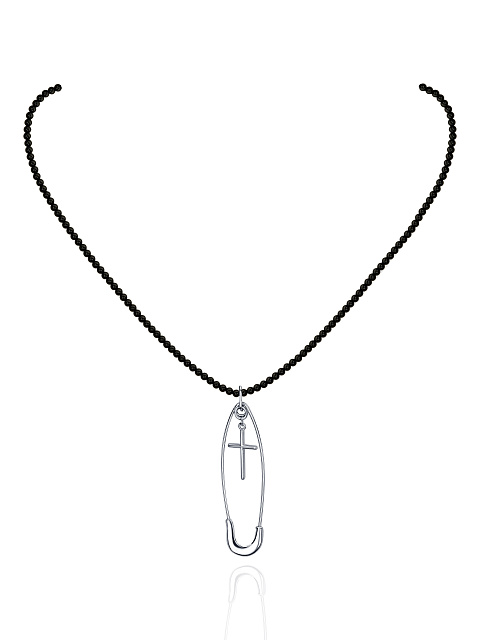 Black Agate & Silver "Safety Pin" Necklace, 1