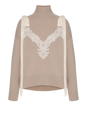 Beige cashmere sweater with lace and ribbons, 1