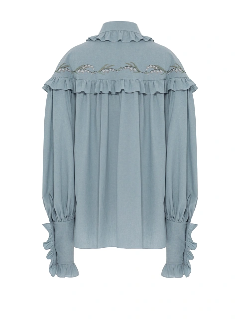 Light Blue Embroidery & Ruffle Cotton Shirt, 2