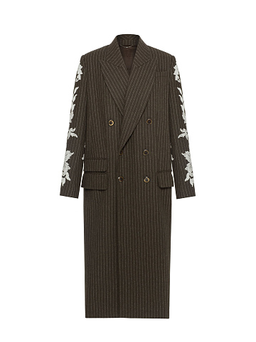 Green Lace Trim Striped Wool Coat, 1