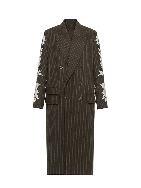 Green Lace Trim Striped Wool Coat, 1