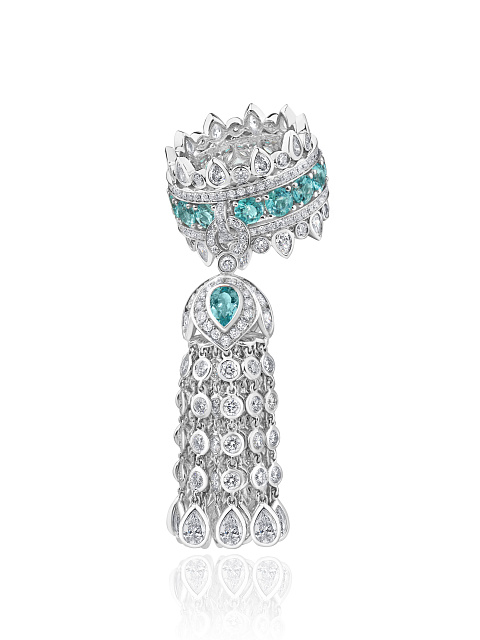Tourmaline Paraiba & Round, Pear Diamond & White Gold Tassel Ring, 1 Tourmaline Paraiba & Round, Pear Diamond & White Gold Tassel Ring, 1