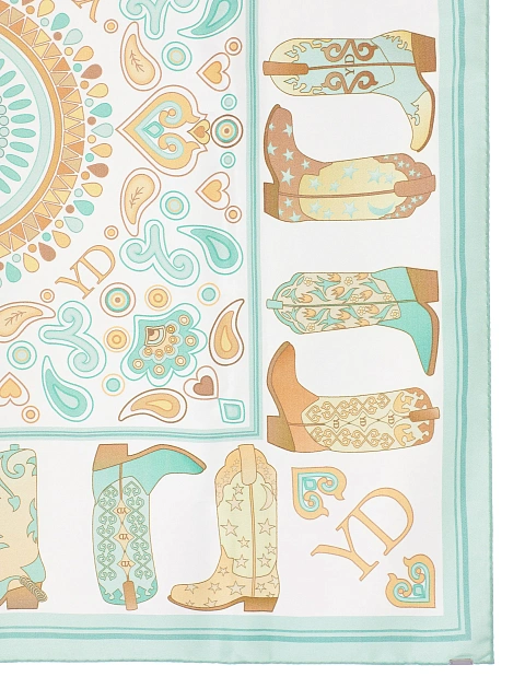 White silk scarf with mint western-style print, 2