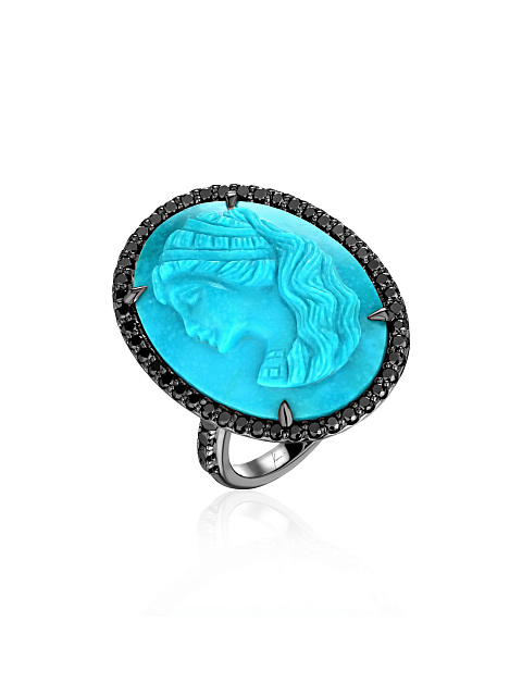 Blackened gold ring with a cameo on turquoise and black diamonds, 1 Blackened gold ring with a cameo on turquoise and black diamonds, 1