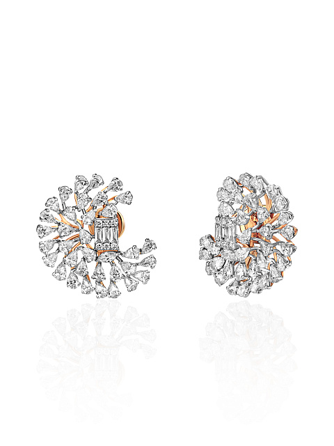 Round Diamond, Baguette Diamond, Pear Diamond & White Gold Earrings , 1