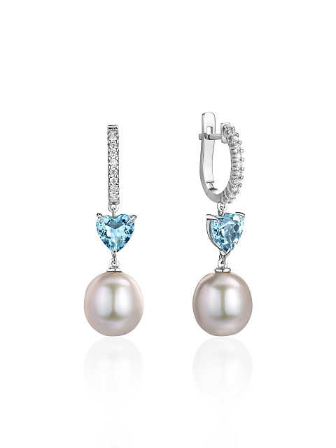 White gold earrings with aquamarine and gray pearls, 1