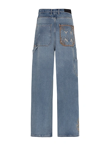 Light Blue Embroidered Wide Leg Jeans, 2