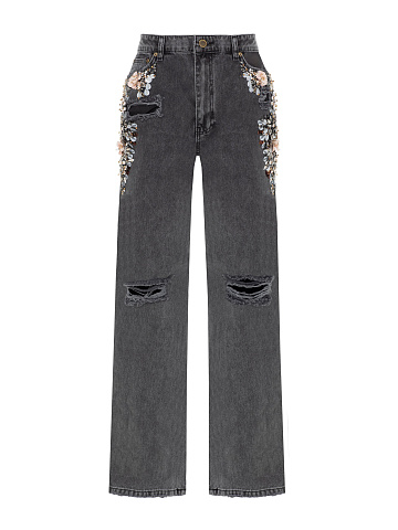 Flared light grey jeans with crystals, 1