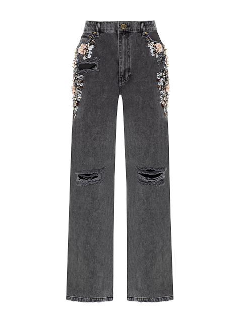 Flared light grey jeans with crystals, 1