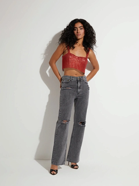 Distressed Dark Grey Cotton Jeans, 2