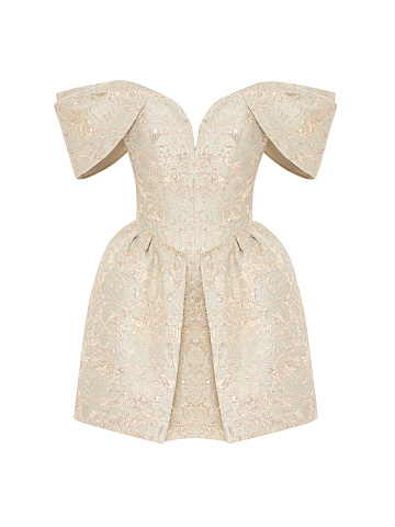 Beige Floral Brocade Mini Dress, 1