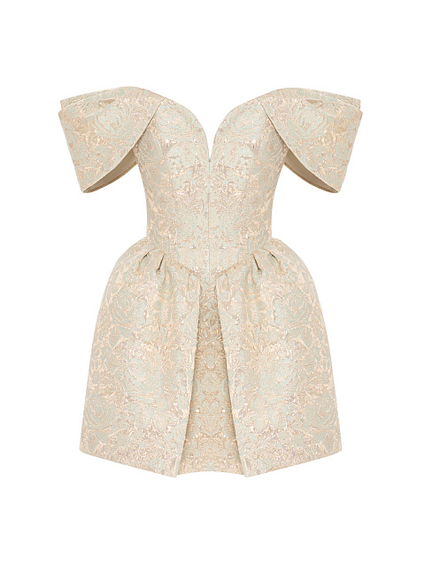 Beige Floral Brocade Mini Dress, 1