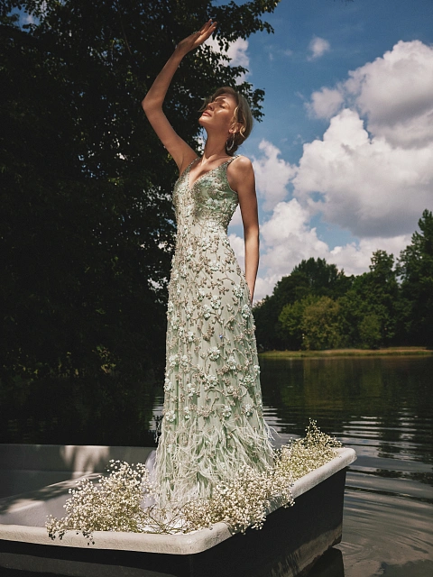 Green Embroidery & Feather Chiffon Maxi Dress, 5