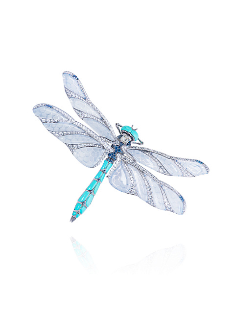 White Gold, Diamonds, Сhalcedony & Turquoise Dragonfly Brooch, 1