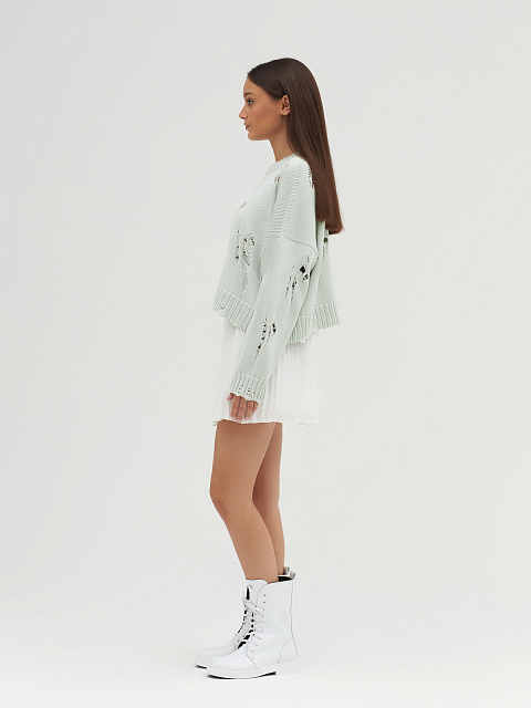Mint Green Distressed Cropped Cotton Sweater, 6