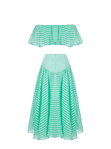 Turquoise Striped Chiffon Top & Midi Skirt, 2