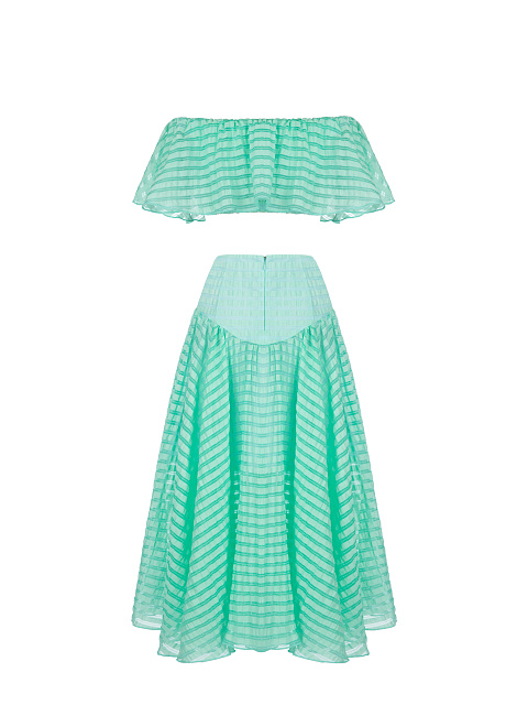 Turquoise Striped Chiffon Top & Midi Skirt, 2