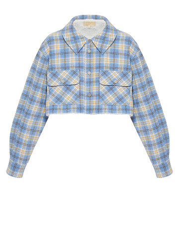 Light Blue Checked Cropped Faux Fur Lined Shirt, 1