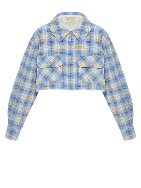 Light Blue Checked Cropped Faux Fur Lined Shirt, 1 Light Blue Checked Cropped Faux Fur Lined Shirt, 1
