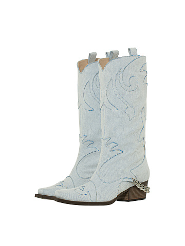 Light Blue Denim Embroidered Cowboy Boots, 1