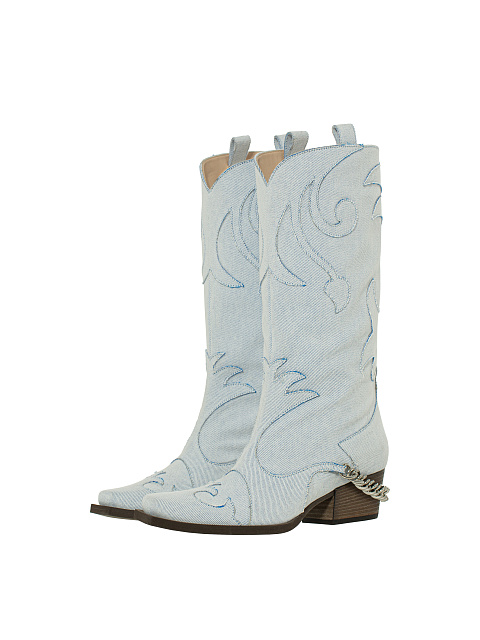 Light Blue Denim Embroidered Cowboy Boots, 1