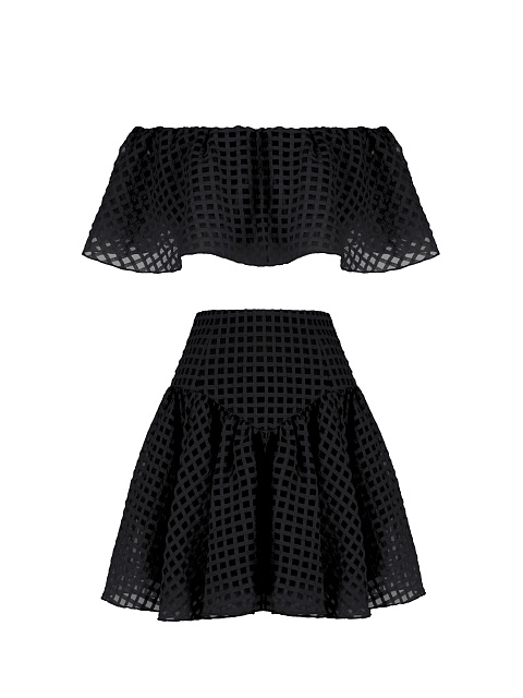 Black Checked Chiffon Top & Mini Skirt, 1