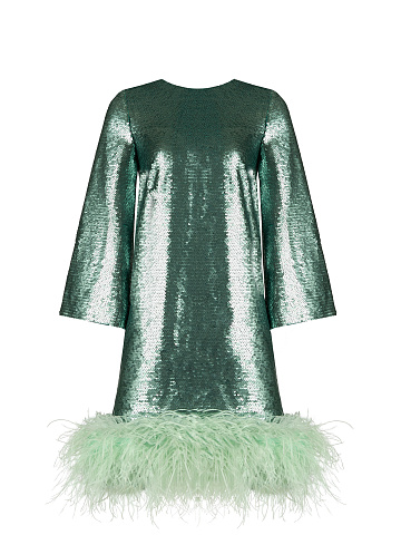 Green Sequined Feather-Trimmed Mini Dress, 1