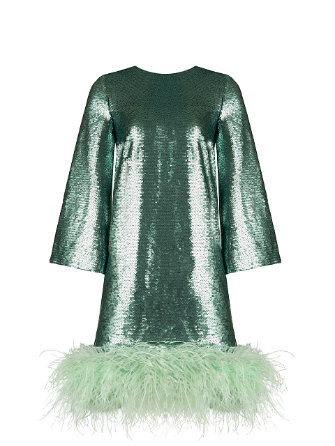 Green Sequined Feather-Trimmed Mini Dress, 1