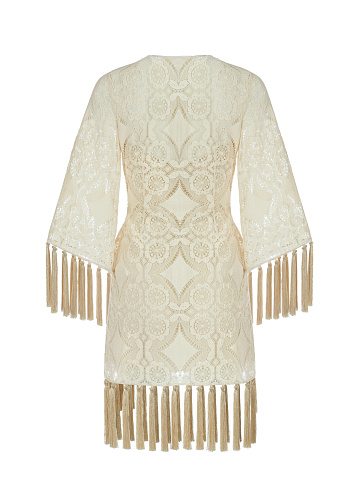 Beige Fringed Lace Cotton Wrap Mini Dress, 2