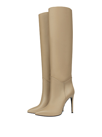 Beige Leather Stiletto Boots, 1