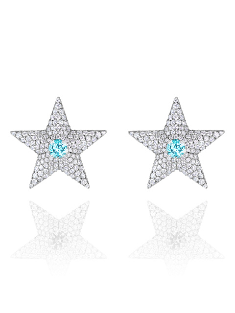 Tourmaline Paraiba, Round Diamond & White Gold "Star" Earrings, 1 Tourmaline Paraiba, Round Diamond & White Gold "Star" Earrings, 1