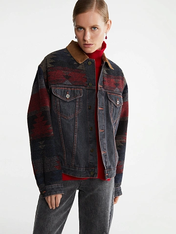 Grey Wool & Suede Trim Denim Jacket, 2