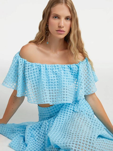 Blue Checked Chiffon Top & Midi Skirt, 8