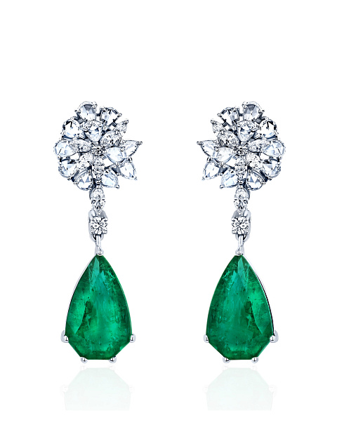 Pear Emerald & Pear Diamond & White Gold Earrings, 1