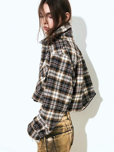 Brown & Black Checked Cropped Faux Fur Lined Shirt, 3