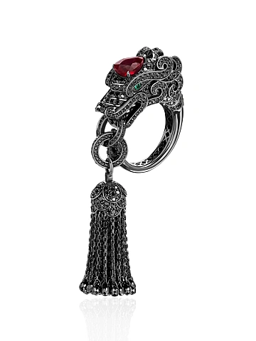 Hand ring in blackened gold with ruby and black diamonds, 1