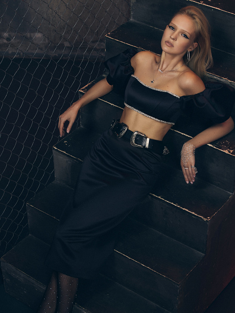 Black Rhinestones Trimmed Satin Top, 5