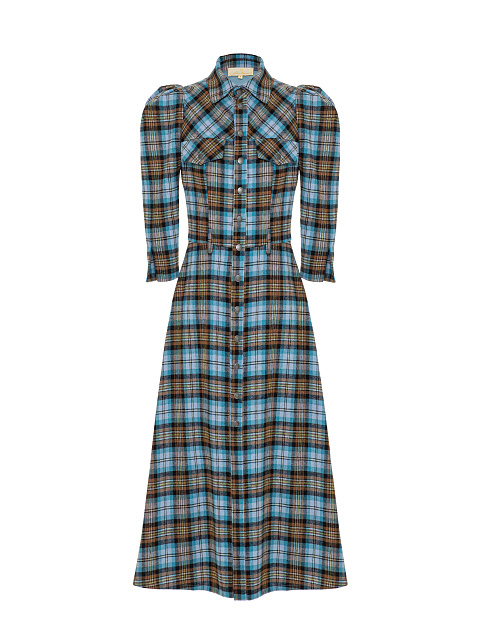 Brown & Light Blue Check Wool Midi Dress, 1 Brown & Light Blue Check Wool Midi Dress, 1