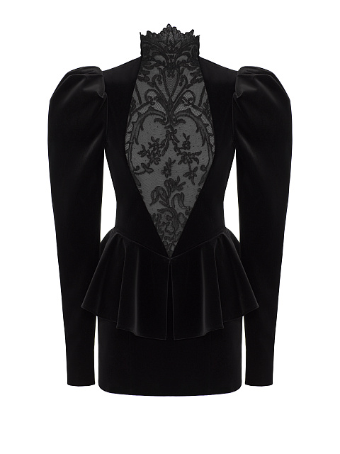 Black Lace Trim Peplum Velvet Mini Dress, 1
