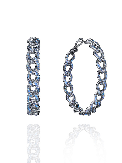 Black Gold & Aquamarine Chain Hoop Earrings, 1