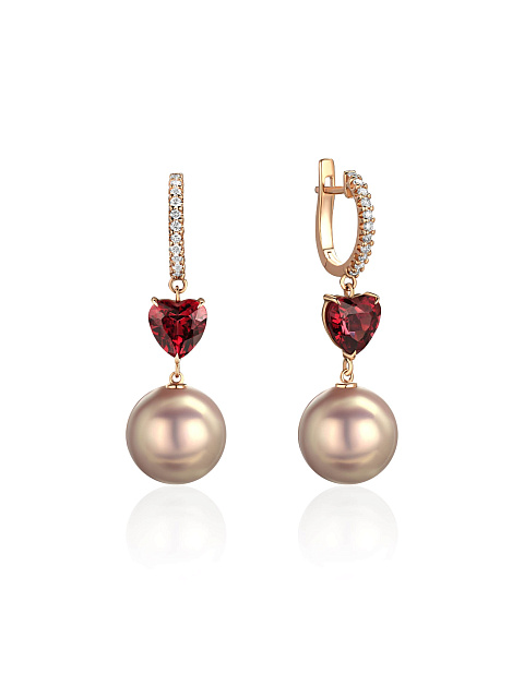 Rose gold earrings with heart-cut rhodolite and lavender pearls, 1